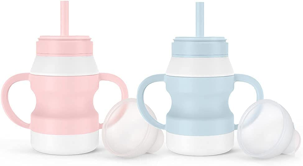 Prinper Silicone Baby Sippy Cup Feeding Straw Cups for Toddlers Transition Straw  Sippy Cups for Baby 6+ Months 2-in-1 Training Cup with Two Handles and Lids  7 Oz Pink