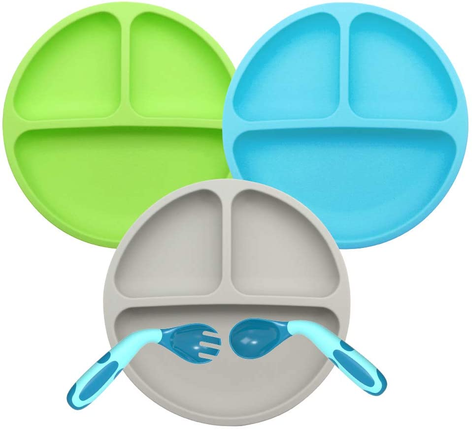 ROCCED Suction Plates for Toddlers, Silicone Plates with Suction for Baby  Divided, Baby Spoon Fork Set for Toddler Baby Dishes Kids Plates and