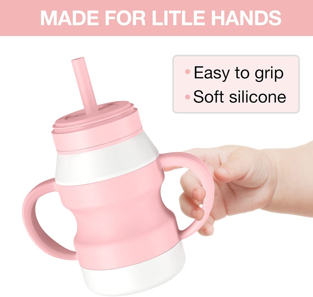 Silicone Baby Training Cup, Spill Proof Sippy Cup with Handles, Baby Straw Water Bottle Leak-Proof Cup for Baby 6+ Months, Size: 150 mL, Pink